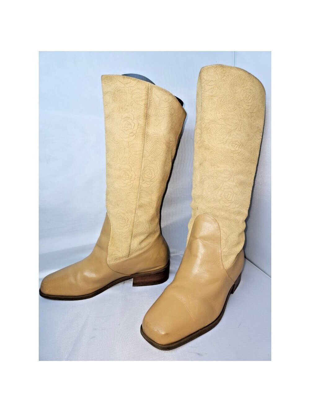 Women's Markon Suela Beige Tall Suede Leather Boots Floral Embossed Design